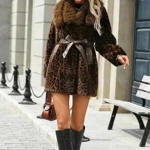 Coffee Brown Casual Women's Long Sleeve Fluffy Leopard Print Button Coat
